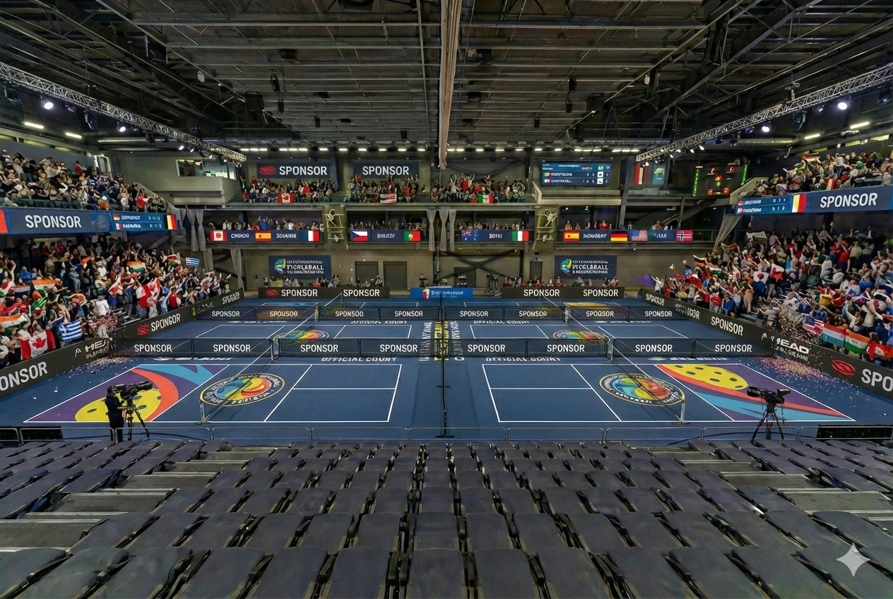 PCL championship pickleball arena with colorful courts and packed crowd